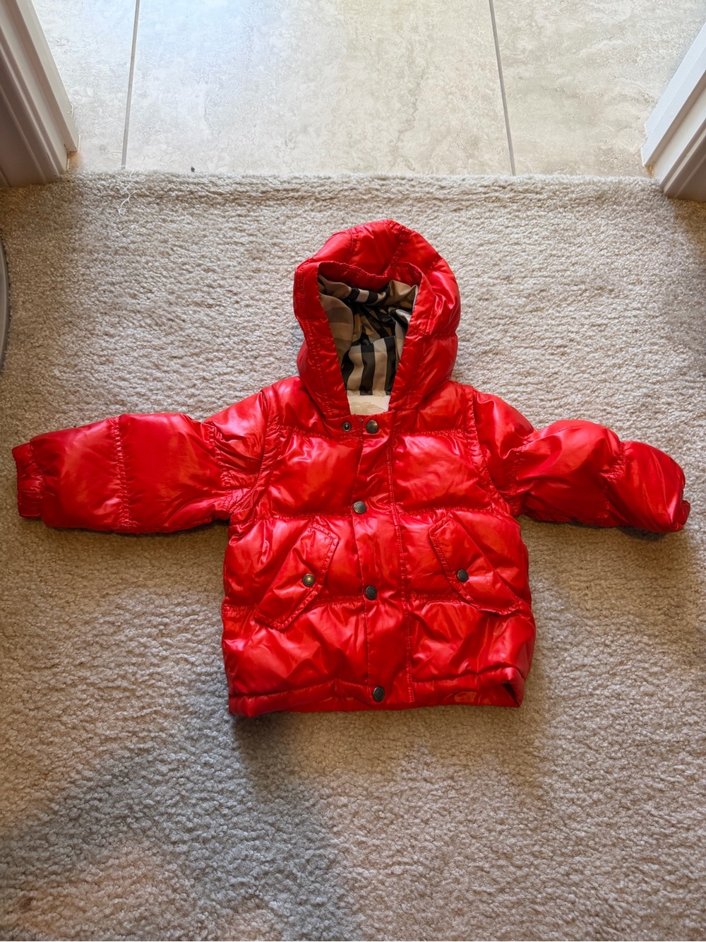 Burberry Bright Red Quilted Hooded Puffer Jacket - Kids